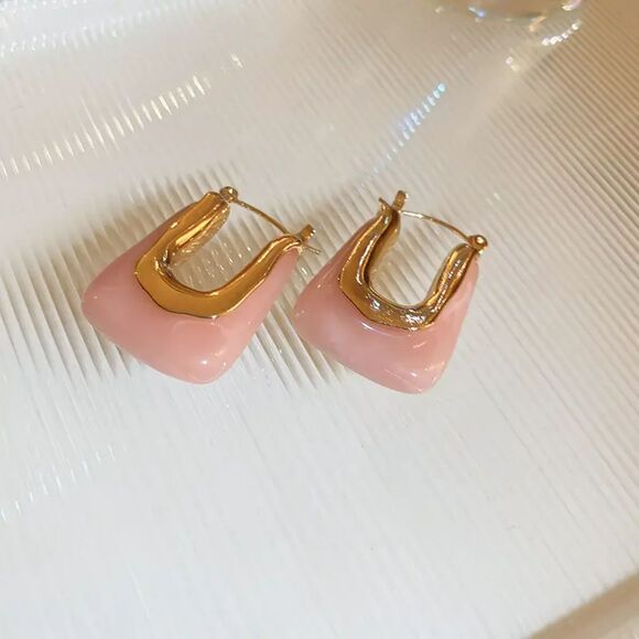 "Camille" Square Hoop Earring | Pink and Gold - Picture 1 of 1